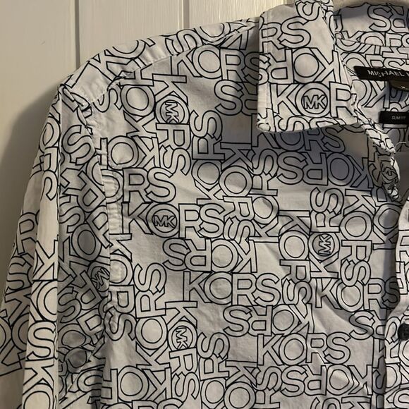 Men's Michael Kors MK Black White Logo Button Front Dress Shirt Size Medium - Picture 3 of 9